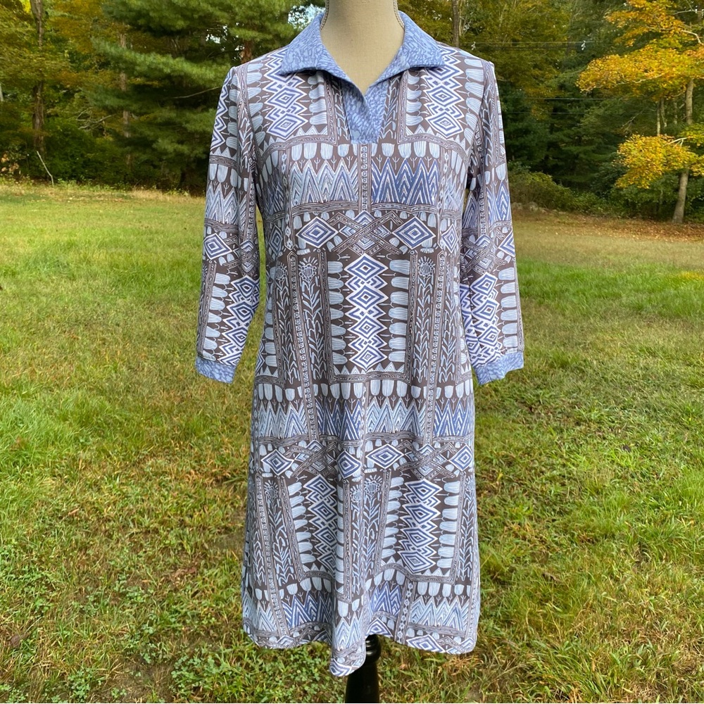 J. McLAUGHLIN DRESS Blue white gray geometric print stretch 3/4 sleeve Size S